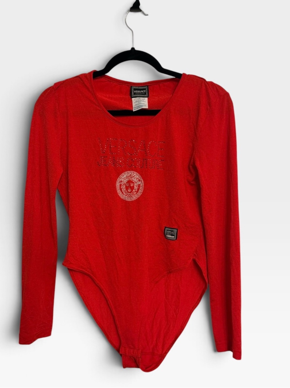 Vintage 1996 Versace Jeans Couture Red Medusa Rhinestone Bodysuit Made in Italy